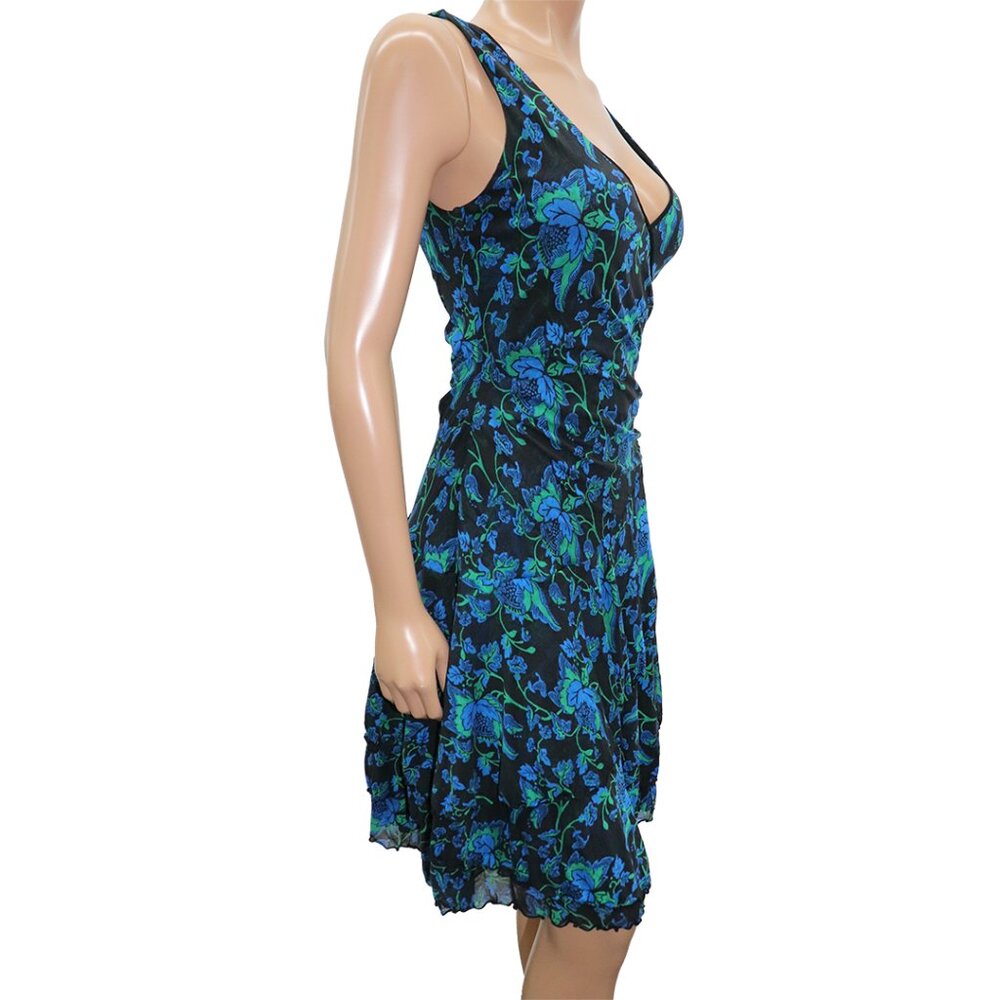 Y2K Blue Floral Mesh Mini Dress Ruched S-M - Picture 5 of 6